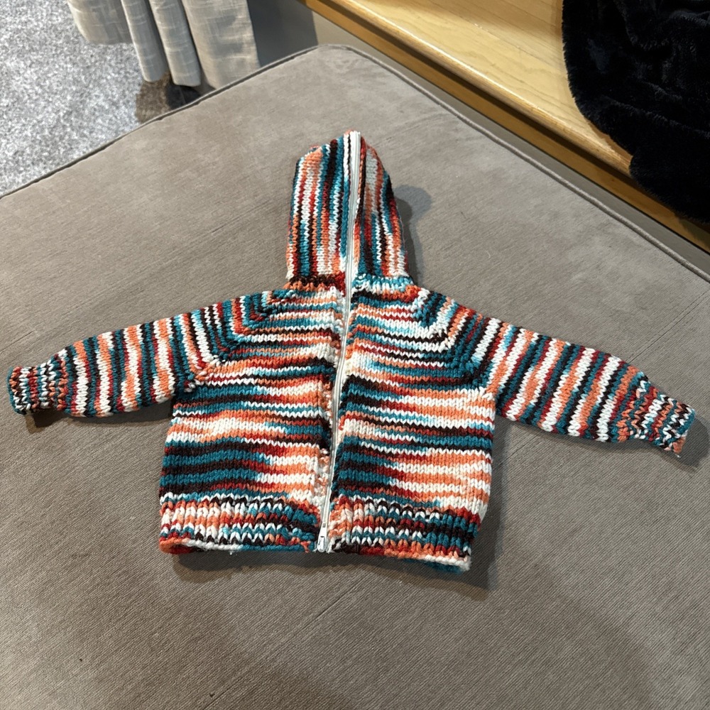 Vintage Handmade Knitted Baby Sweater with Hood and Back Zipper 9-12 Months
